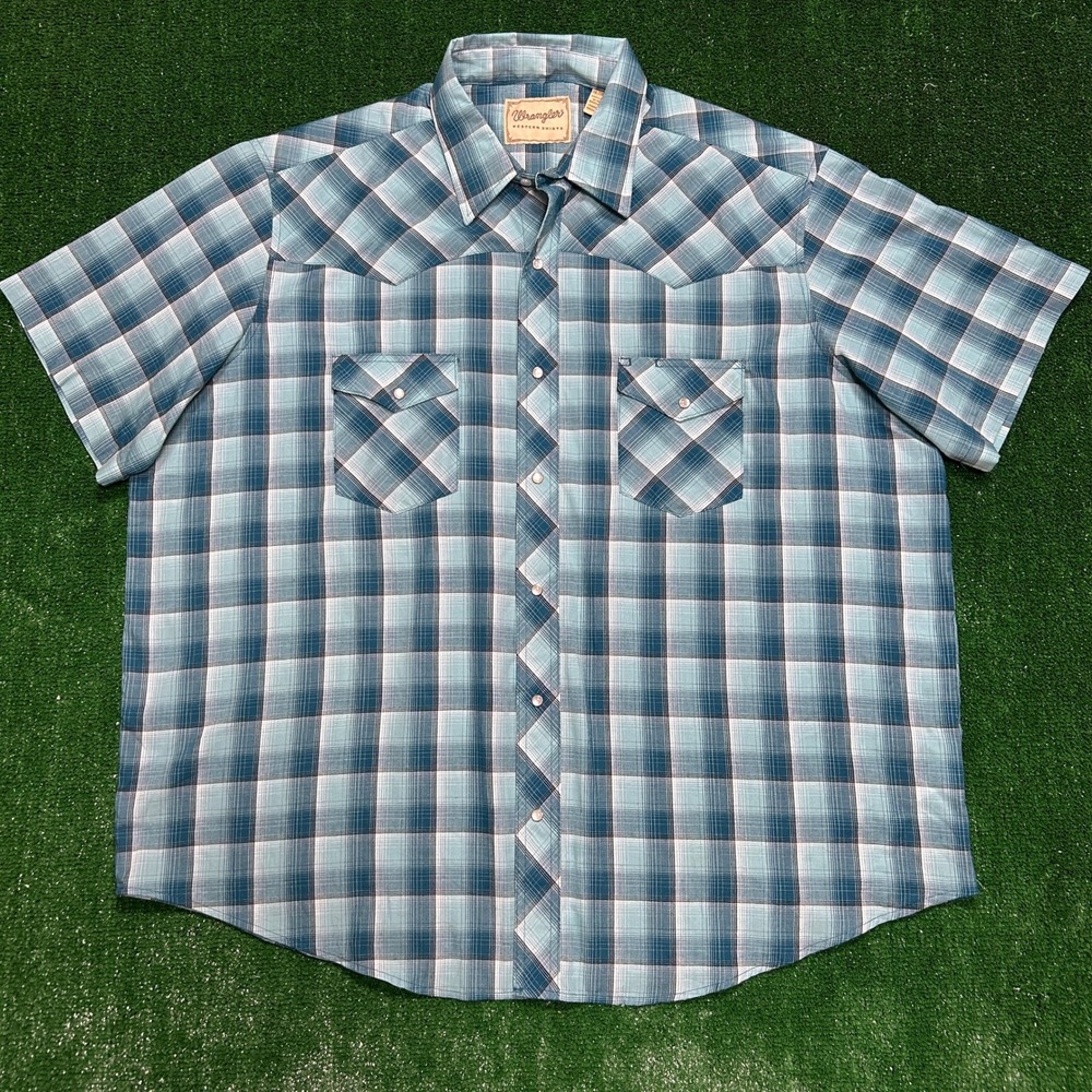 Wrangler Western Shirt Mens 2XL Blue Plaid Pearl Snap Short Sleeve 112365034
